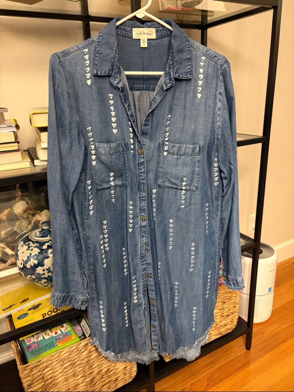 cloth & stone Light Blue Denim Shirt Dress with White Heart Details